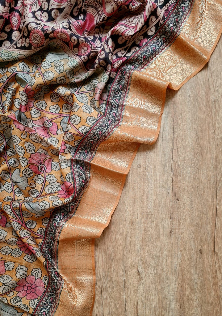 Zynah Pure Tussar Silk Saree with Kalamkari Print; Custom Stitched/Ready-made Blouse, Fall, Petticoat; Shipping available USA, Worldwide