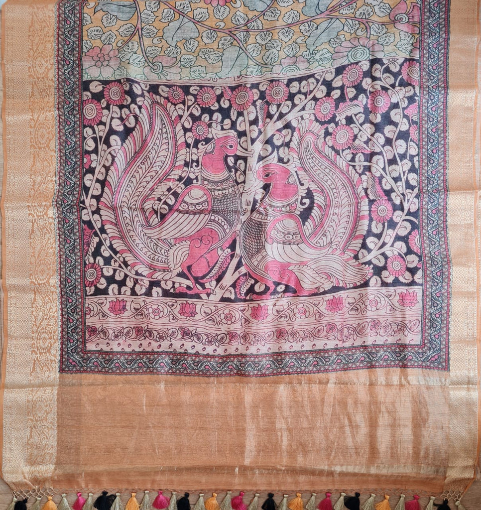 Zynah Pure Tussar Silk Saree with Kalamkari Print; Custom Stitched/Ready-made Blouse, Fall, Petticoat; Shipping available USA, Worldwide