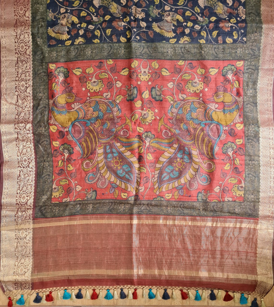 Zynah Pure Tussar Silk Saree with Kalamkari Print; Custom Stitched/Ready-made Blouse, Fall, Petticoat; Shipping available USA, Worldwide