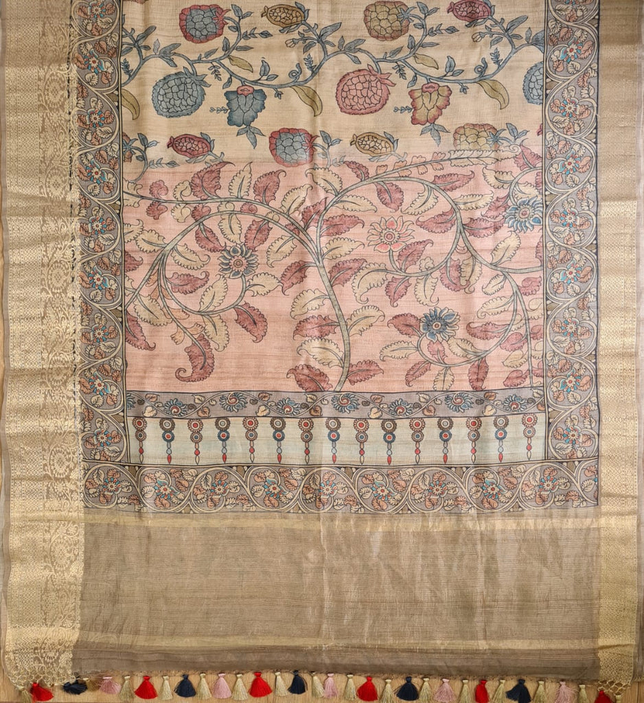 Zynah Pure Tussar Silk Saree with Kalamkari Print; Custom Stitched/Ready-made Blouse, Fall, Petticoat; Shipping available USA, Worldwide