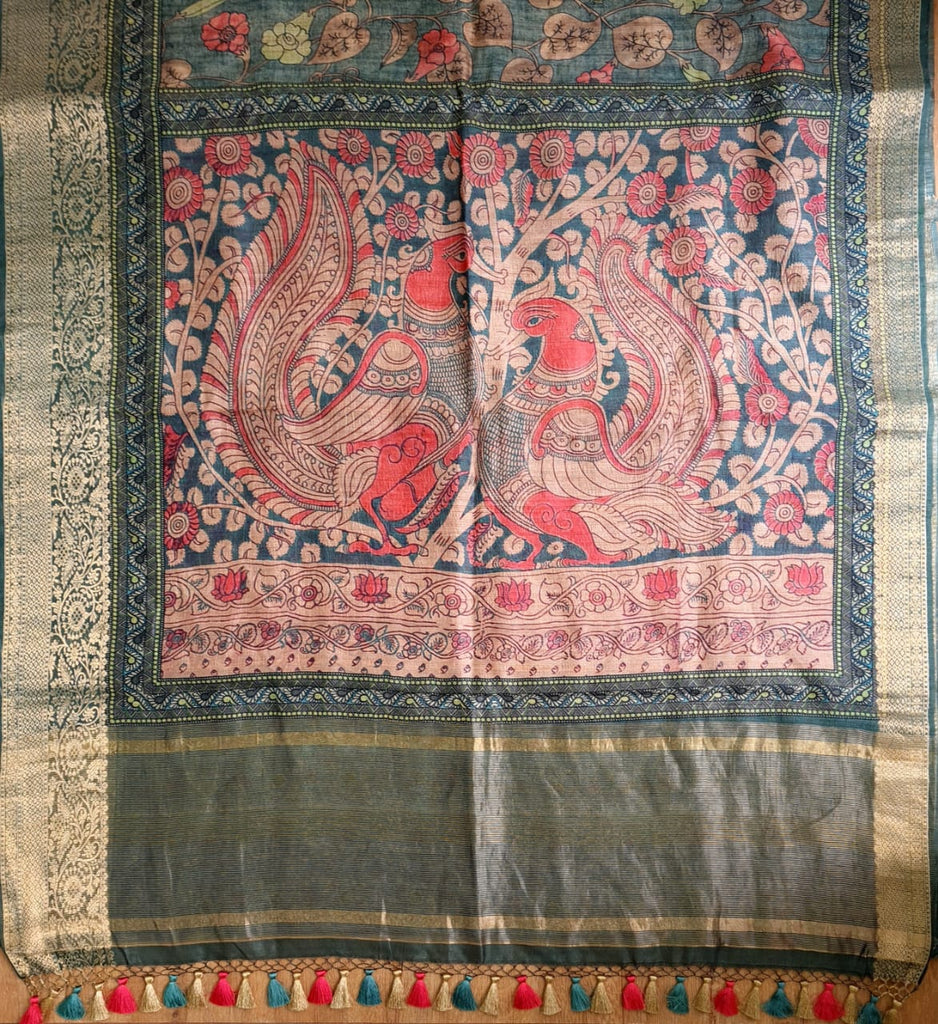 Zynah Pure Tussar Silk Saree with Kalamkari Print; Custom Stitched/Ready-made Blouse, Fall, Petticoat; Shipping available USA, Worldwide