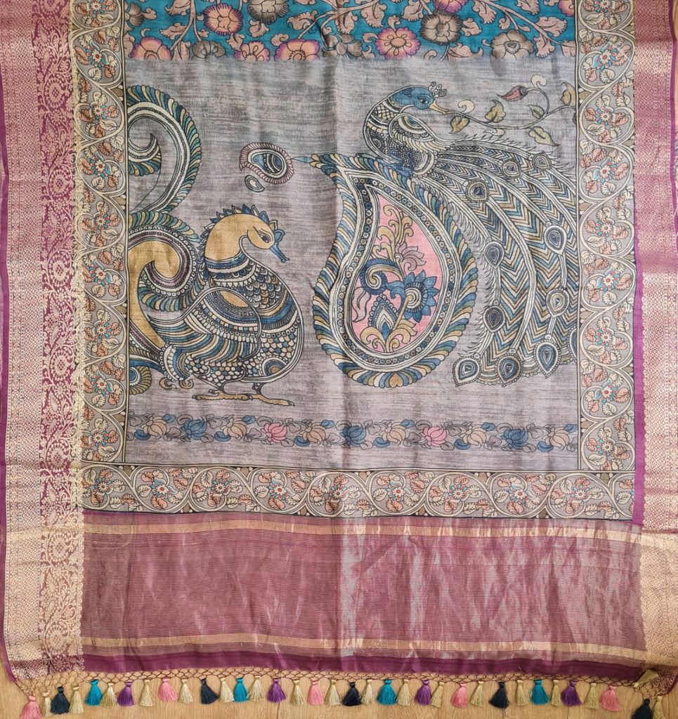 Zynah Pure Tussar Silk Saree with Kalamkari Print; Custom Stitched/Ready-made Blouse, Fall, Petticoat; Shipping available USA, Worldwide