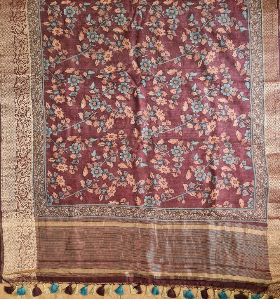 Zynah Pure Tussar Silk Saree with Kalamkari Print; Custom Stitched/Ready-made Blouse, Fall, Petticoat; Shipping available USA, Worldwide