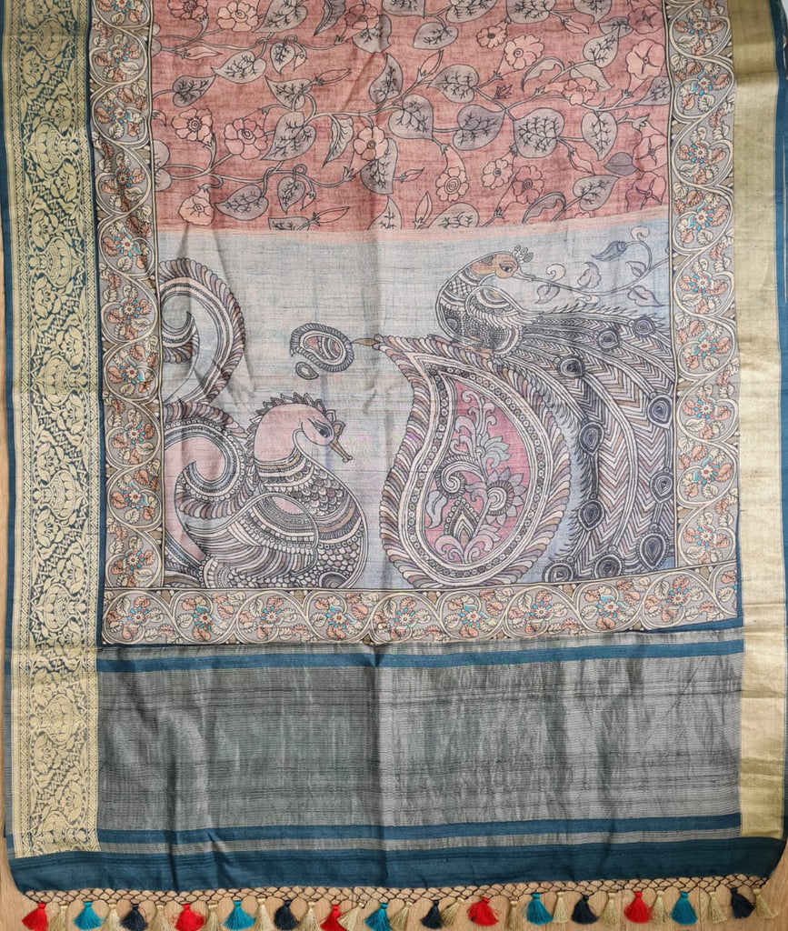 Zynah Pure Tussar Silk Saree with Kalamkari Print; Custom Stitched/Ready-made Blouse, Fall, Petticoat; Shipping available USA, Worldwide