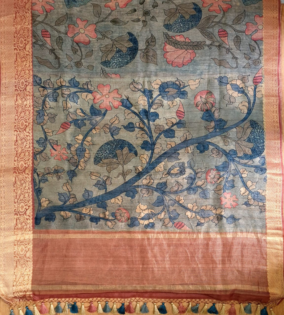 Zynah Pure Tussar Silk Saree with Kalamkari Print; Custom Stitched/Ready-made Blouse, Fall, Petticoat; Shipping available USA, Worldwide