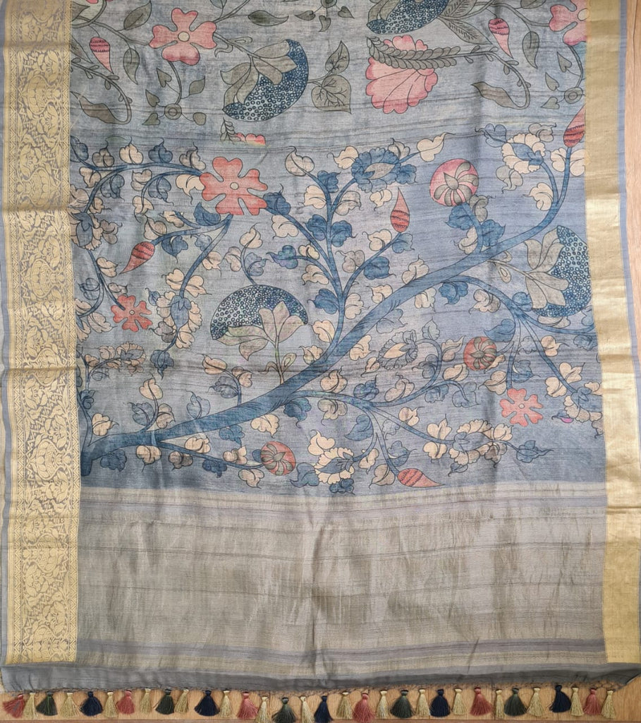 Zynah Pure Tussar Silk Saree with Kalamkari Print; Custom Stitched/Ready-made Blouse, Fall, Petticoat; Shipping available USA, Worldwide