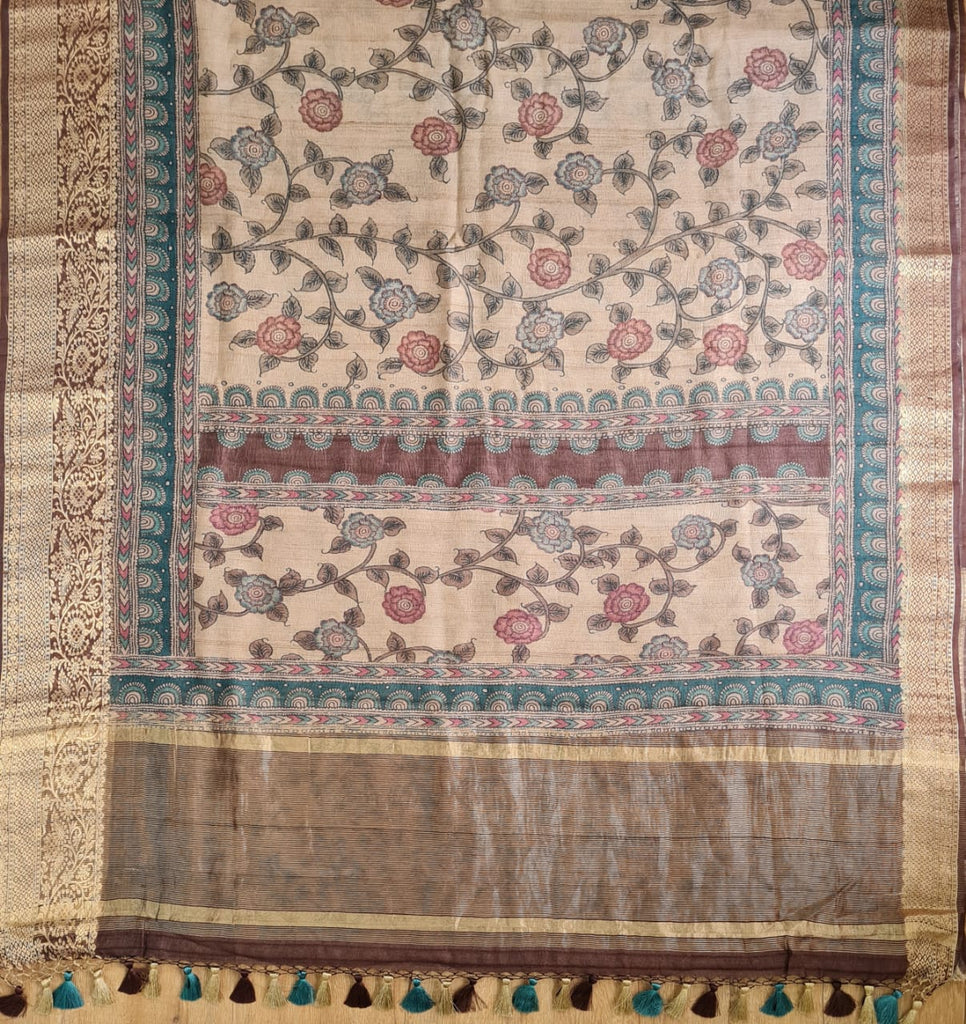 Zynah Pure Tussar Silk Saree with Kalamkari Print; Custom Stitched/Ready-made Blouse, Fall, Petticoat; Shipping available USA, Worldwide