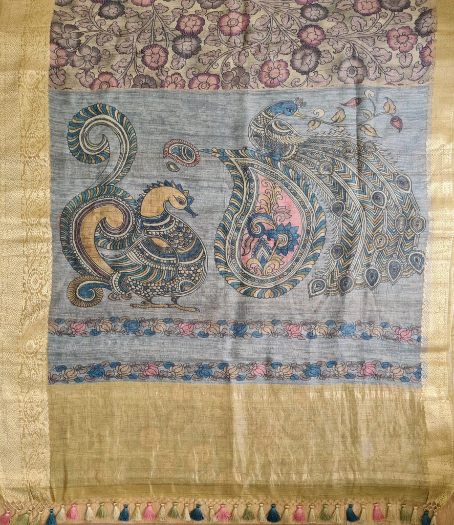 Zynah Pure Tussar Silk Saree with Kalamkari Print; Custom Stitched/Ready-made Blouse, Fall, Petticoat; Shipping available USA, Worldwide