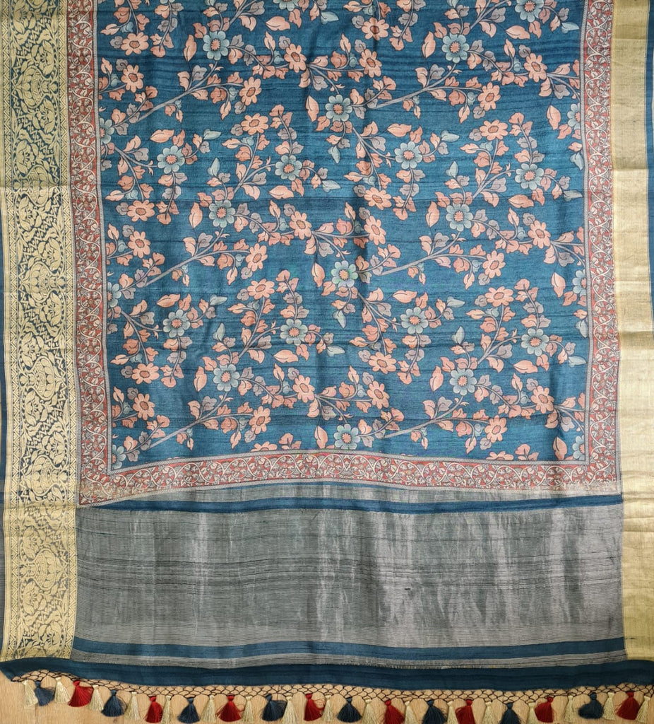 Zynah Pure Tussar Silk Saree with Kalamkari Print; Custom Stitched/Ready-made Blouse, Fall, Petticoat; Shipping available USA, Worldwide