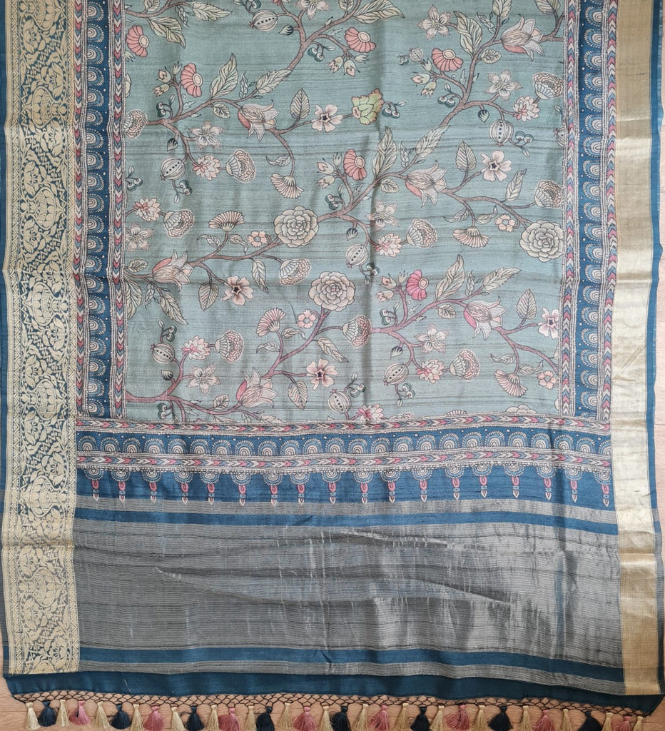 Zynah Pure Tussar Silk Saree with Kalamkari Print; Custom Stitched/Ready-made Blouse, Fall, Petticoat; Shipping available USA, Worldwide