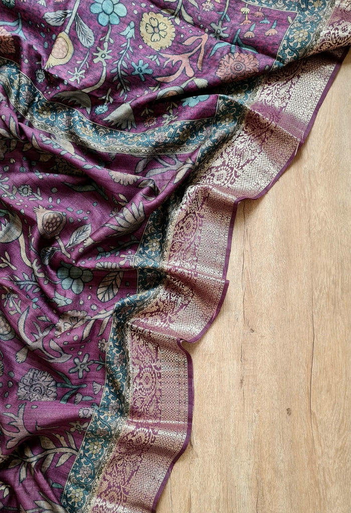 Zynah Pure Tussar Silk Saree with Kalamkari Print; Custom Stitched/Ready-made Blouse, Fall, Petticoat; Shipping available USA, Worldwide