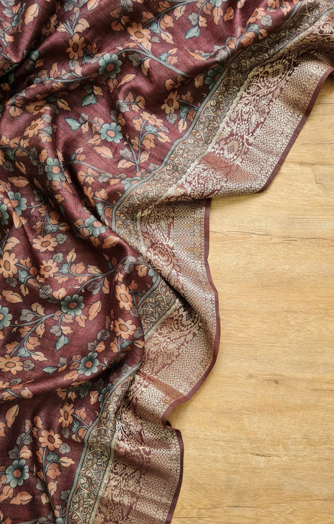 Zynah Pure Tussar Silk Saree with Kalamkari Print; Custom Stitched/Ready-made Blouse, Fall, Petticoat; Shipping available USA, Worldwide