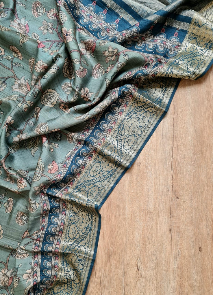 Zynah Pure Tussar Silk Saree with Kalamkari Print; Custom Stitched/Ready-made Blouse, Fall, Petticoat; Shipping available USA, Worldwide
