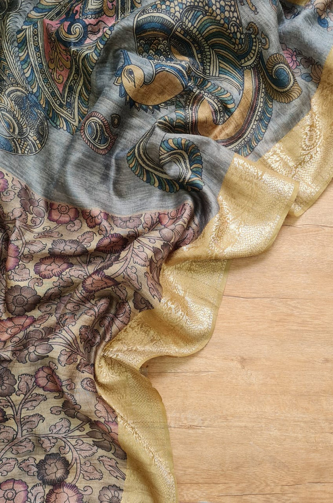 Zynah Pure Tussar Silk Saree with Kalamkari Print; Custom Stitched/Ready-made Blouse, Fall, Petticoat; Shipping available USA, Worldwide