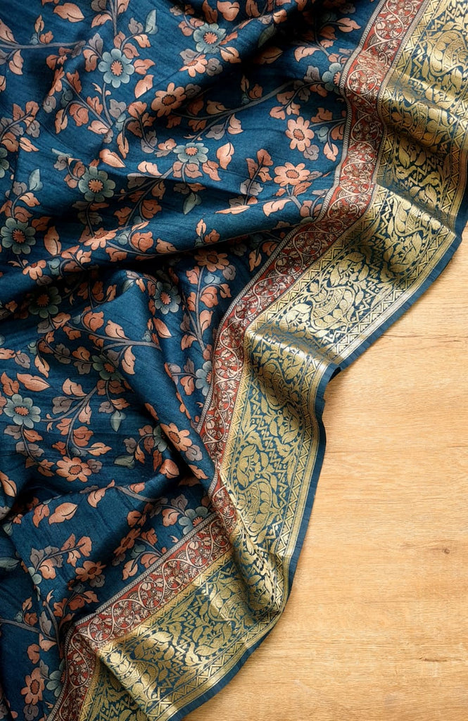 Zynah Pure Tussar Silk Saree with Kalamkari Print; Custom Stitched/Ready-made Blouse, Fall, Petticoat; Shipping available USA, Worldwide