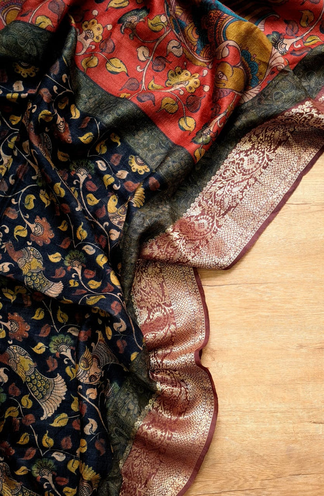 Zynah Pure Tussar Silk Saree with Kalamkari Print; Custom Stitched/Ready-made Blouse, Fall, Petticoat; Shipping available USA, Worldwide