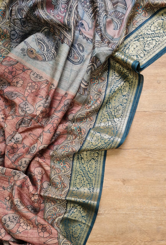 Zynah Pure Tussar Silk Saree with Kalamkari Print; Custom Stitched/Ready-made Blouse, Fall, Petticoat; Shipping available USA, Worldwide