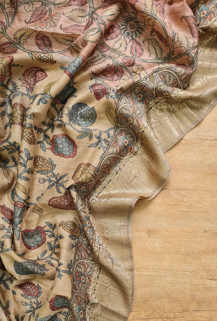 Zynah Pure Tussar Silk Saree with Kalamkari Print; Custom Stitched/Ready-made Blouse, Fall, Petticoat; Shipping available USA, Worldwide