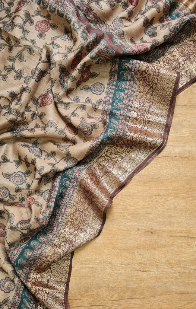 Zynah Pure Tussar Silk Saree with Kalamkari Print; Custom Stitched/Ready-made Blouse, Fall, Petticoat; Shipping available USA, Worldwide