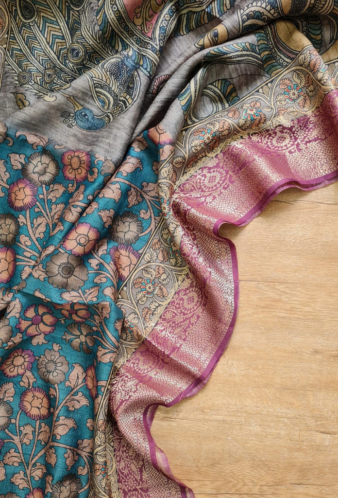 Zynah Pure Tussar Silk Saree with Kalamkari Print; Custom Stitched/Ready-made Blouse, Fall, Petticoat; Shipping available USA, Worldwide