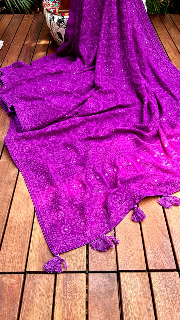 Zynah Pure Georgette Saree with Chikankari Work; Custom Stitched/Ready-made Blouse, Fall, Petticoat; Shipping available USA, Worldwide