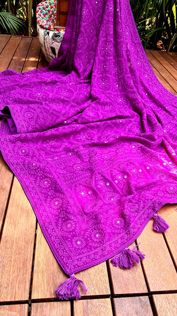 Zynah Pure Georgette Saree with Chikankari Work; Custom Stitched/Ready-made Blouse, Fall, Petticoat; Shipping available USA, Worldwide