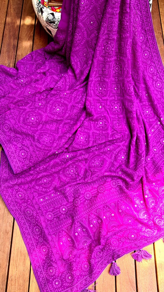 Zynah Pure Georgette Saree with Chikankari Work; Custom Stitched/Ready-made Blouse, Fall, Petticoat; Shipping available USA, Worldwide
