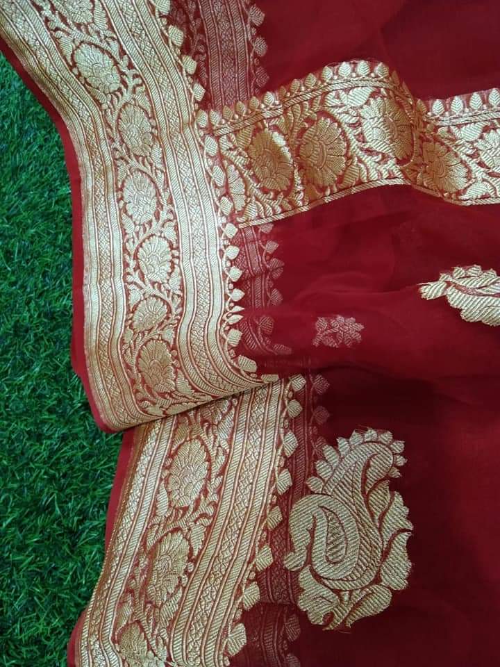 Zynah Pure Banarasi Handloom Khaddi Georgette Saree with Zari Border & Butis; Custom Stitched/Ready-made Blouse, Fall, Petticoat; Shipping available USA, Worldwide