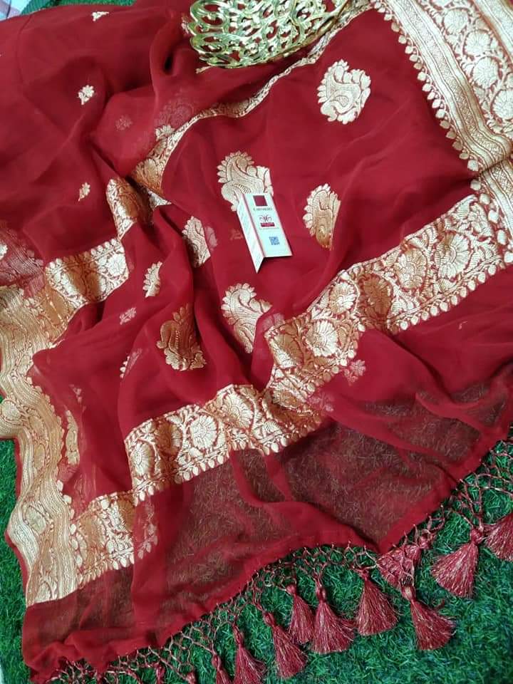 Zynah Pure Banarasi Handloom Khaddi Georgette Saree with Zari Border & Butis; Custom Stitched/Ready-made Blouse, Fall, Petticoat; Shipping available USA, Worldwide
