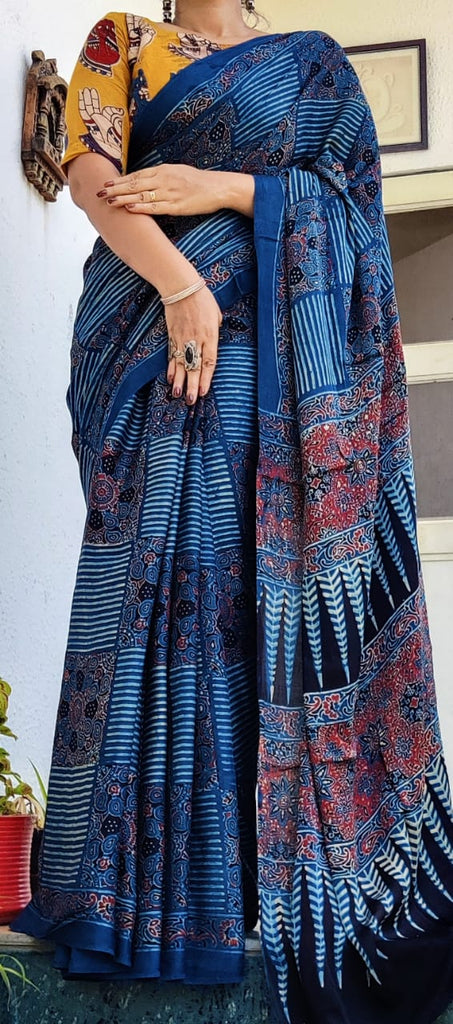 Zynah Pure Modal Silk Ajrakh Saree with Handblock Prints; Custom Stitched/Ready-made Blouse, Fall, Petticoat; Shipping available USA, Worldwide
