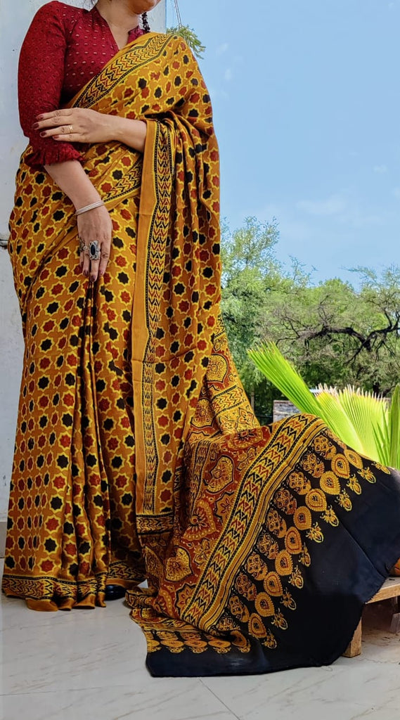 Zynah Pure Modal Silk Ajrakh Saree with Handblock Prints; Custom Stitched/Ready-made Blouse, Fall, Petticoat; Shipping available USA, Worldwide