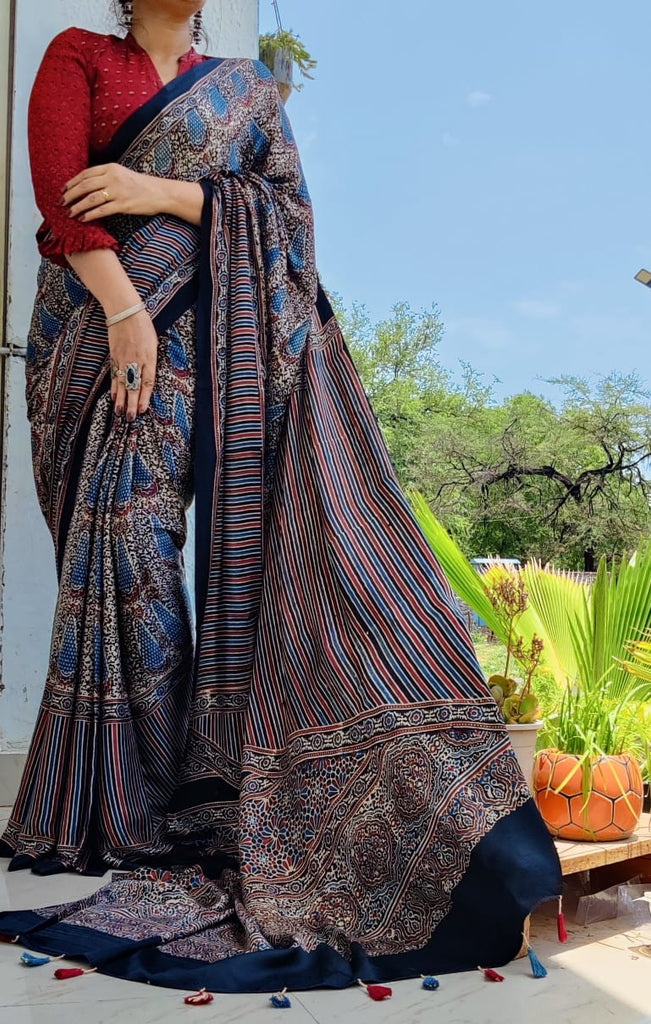 Zynah Pure Modal Silk Ajrakh Saree with Handblock Prints; Custom Stitched/Ready-made Blouse, Fall, Petticoat; Shipping available USA, Worldwide