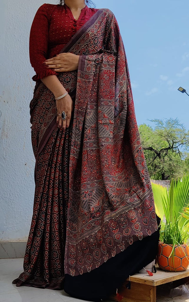 Zynah Pure Modal Silk Ajrakh Saree with Handblock Prints; Custom Stitched/Ready-made Blouse, Fall, Petticoat; Shipping available USA, Worldwide