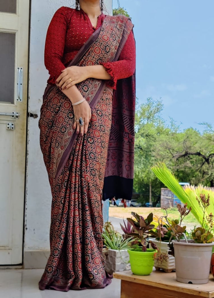 Zynah Pure Modal Silk Ajrakh Saree with Handblock Prints; Custom Stitched/Ready-made Blouse, Fall, Petticoat; Shipping available USA, Worldwide