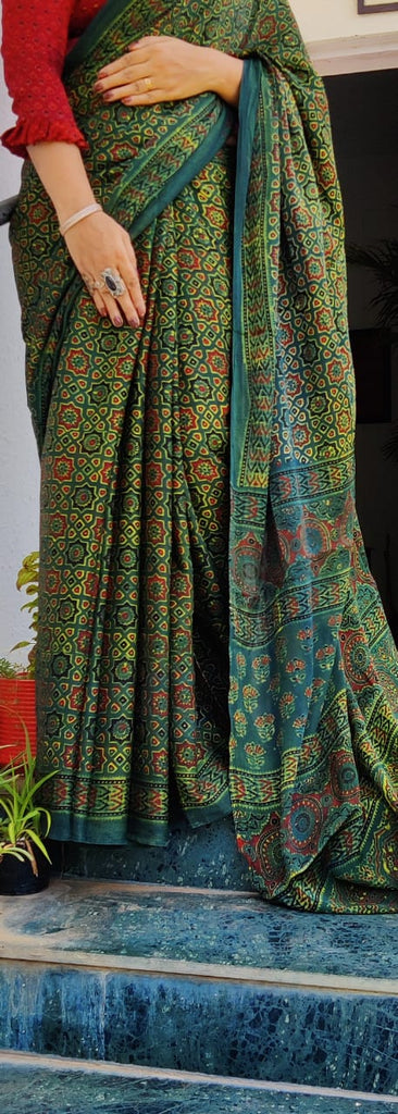 Zynah Pure Modal Silk Ajrakh Saree with Handblock Prints; Custom Stitched/Ready-made Blouse, Fall, Petticoat; Shipping available USA, Worldwide