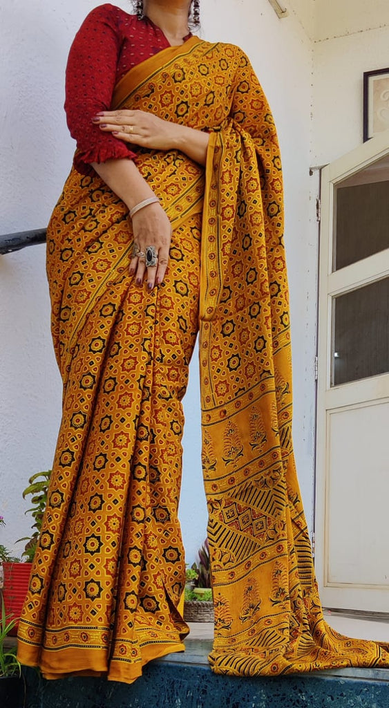 Zynah Pure Modal Silk Ajrakh Saree with Handblock Prints; Custom Stitched/Ready-made Blouse, Fall, Petticoat; Shipping available USA, Worldwide