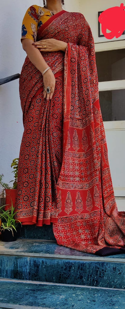 Zynah Pure Modal Silk Ajrakh Saree with Handblock Prints; Custom Stitched/Ready-made Blouse, Fall, Petticoat; Shipping available USA, Worldwide