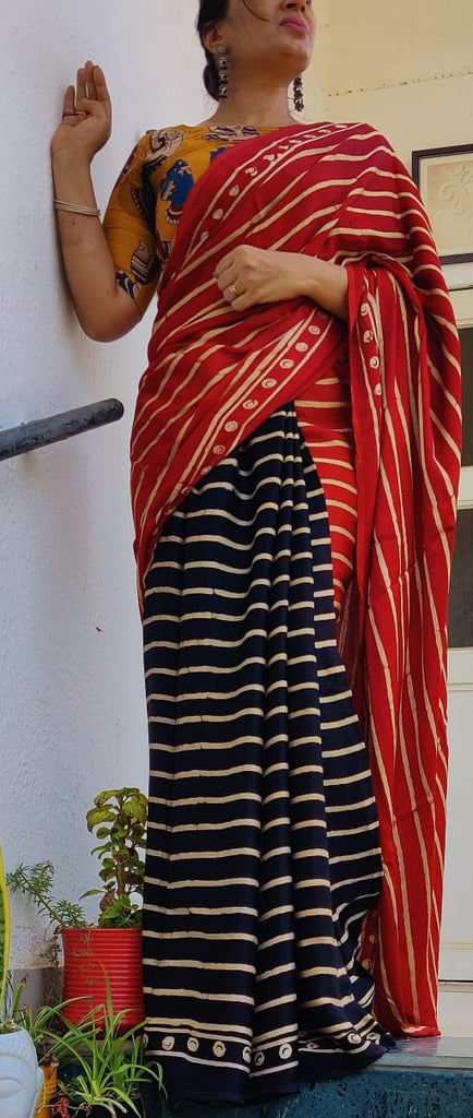 Zynah Pure Modal Silk Ajrakh Saree with Handblock Prints; Custom Stitched/Ready-made Blouse, Fall, Petticoat; Shipping available USA, Worldwide