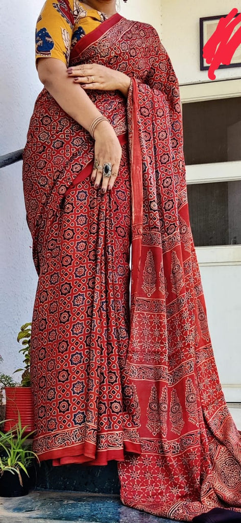 Zynah Pure Modal Silk Ajrakh Saree with Handblock Prints; Custom Stitched/Ready-made Blouse, Fall, Petticoat; Shipping available USA, Worldwide