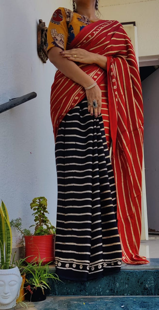 Zynah Pure Modal Silk Ajrakh Saree with Handblock Prints; Custom Stitched/Ready-made Blouse, Fall, Petticoat; Shipping available USA, Worldwide