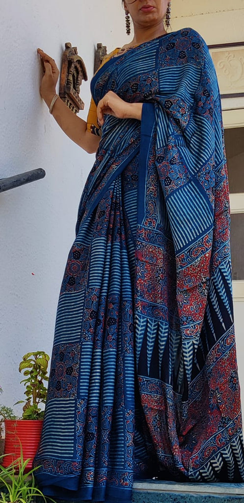 Zynah Pure Modal Silk Ajrakh Saree with Handblock Prints; Custom Stitched/Ready-made Blouse, Fall, Petticoat; Shipping available USA, Worldwide