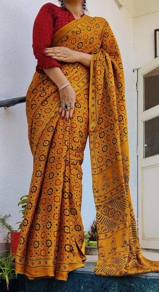 Zynah Pure Modal Silk Ajrakh Saree with Handblock Prints; Custom Stitched/Ready-made Blouse, Fall, Petticoat; Shipping available USA, Worldwide