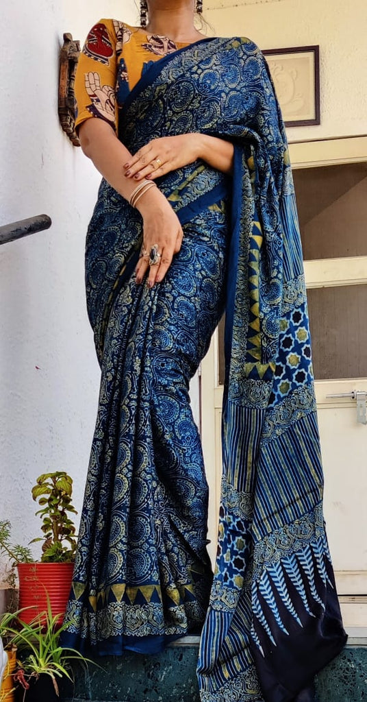 Zynah Pure Modal Silk Ajrakh Saree with Tissue Zari Pallu, Handblock Prints; Custom Stitched/Ready-made Blouse, Fall, Petticoat; Shipping available USA, Worldwide