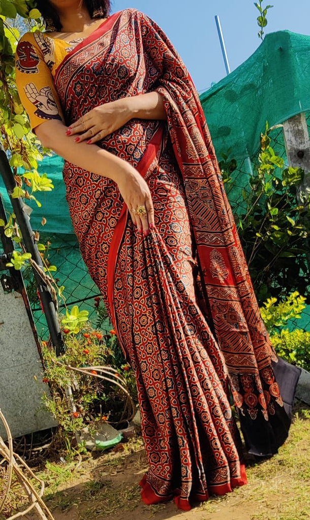 Zynah Pure Modal Silk Ajrakh Saree with Handblock Prints; Custom Stitched/Ready-made Blouse, Fall, Petticoat; Shipping available USA, Worldwide