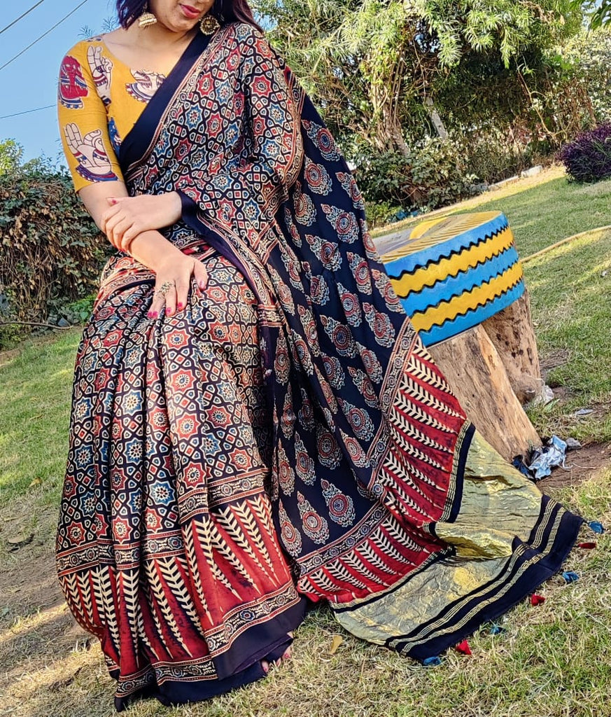 Zynah Pure Modal Silk Ajrakh Saree with Handblock Prints; Custom Stitched/Ready-made Blouse, Fall, Petticoat; Shipping available USA, Worldwide