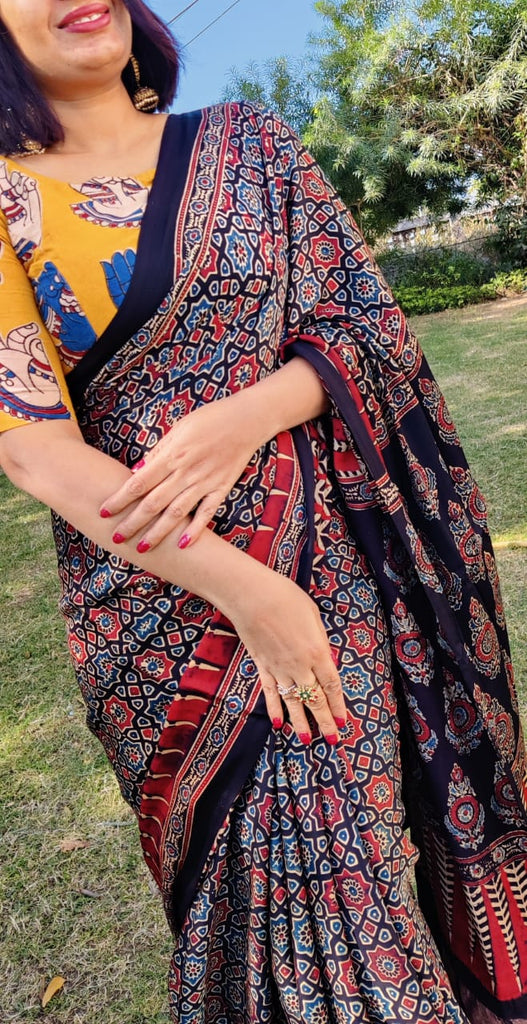 Zynah Pure Modal Silk Ajrakh Saree with Handblock Prints; Custom Stitched/Ready-made Blouse, Fall, Petticoat; Shipping available USA, Worldwide
