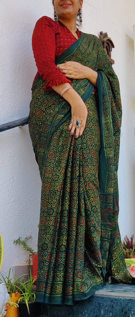 Zynah Pure Modal Silk Ajrakh Saree with Handblock Prints; Custom Stitched/Ready-made Blouse, Fall, Petticoat; Shipping available USA, Worldwide