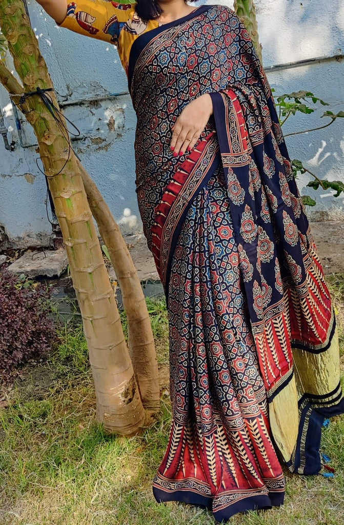 Zynah Pure Modal Silk Ajrakh Saree with Handblock Prints; Custom Stitched/Ready-made Blouse, Fall, Petticoat; Shipping available USA, Worldwide