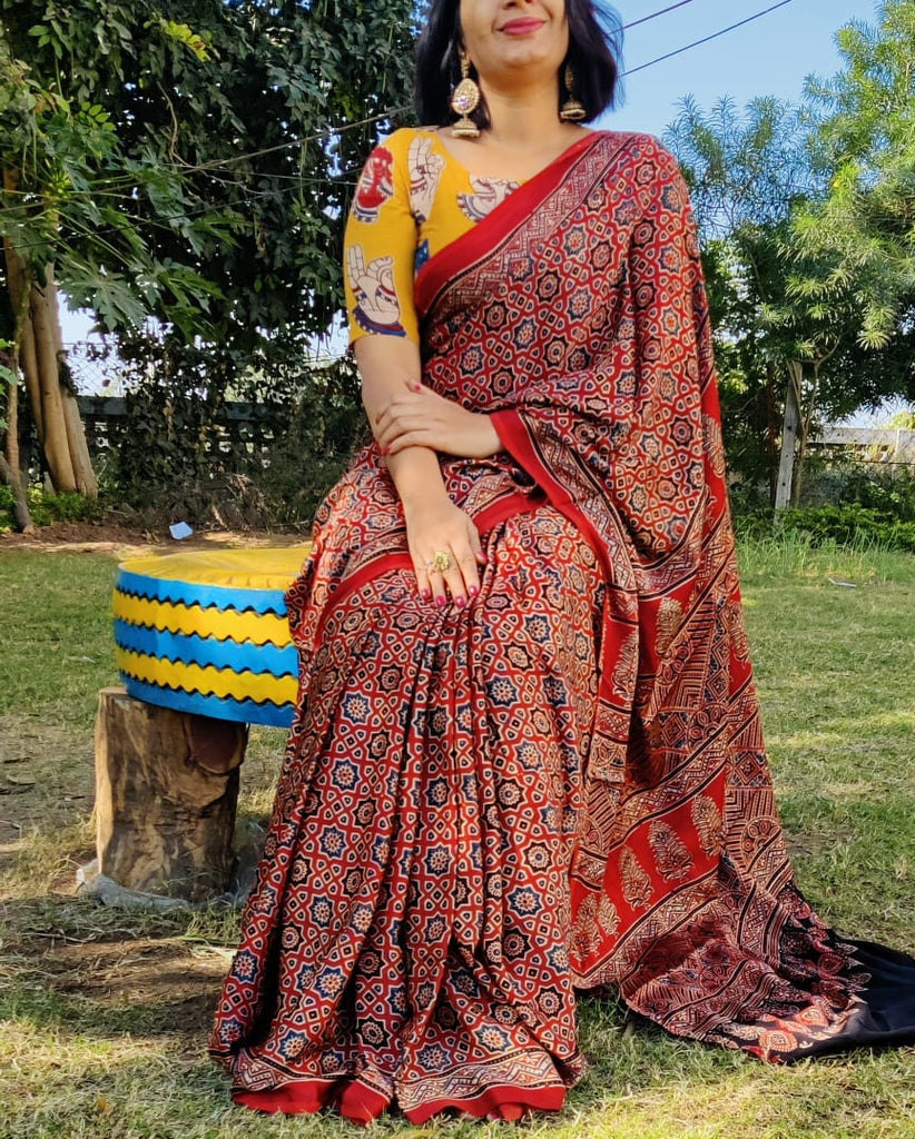 Zynah Pure Modal Silk Ajrakh Saree with Handblock Prints; Custom Stitched/Ready-made Blouse, Fall, Petticoat; Shipping available USA, Worldwide