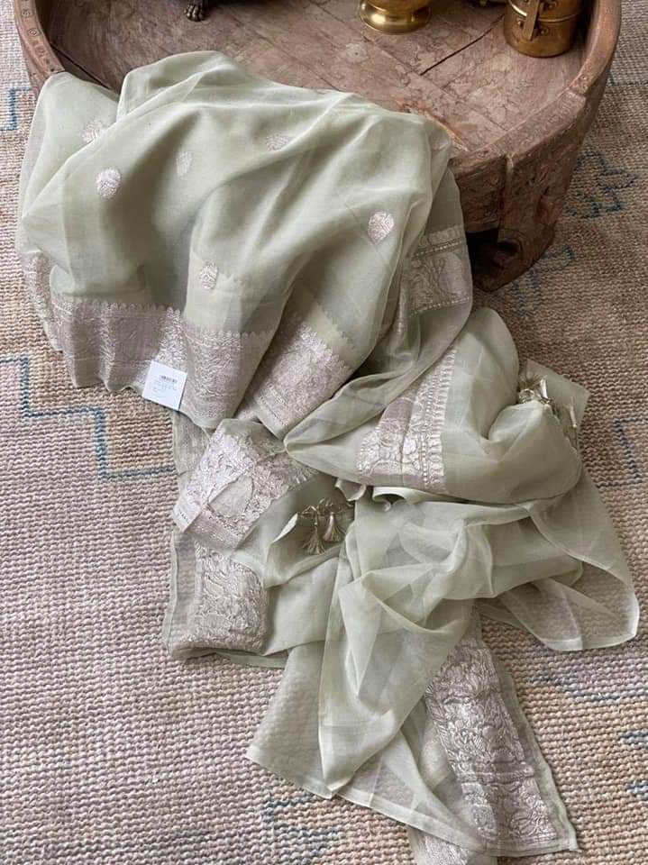Zynah Pure Banarasi Handloom Khaddi Georgette Saree with Zari Border & Butis; Custom Stitched/Ready-made Blouse, Fall, Petticoat; Shipping available USA, Worldwide